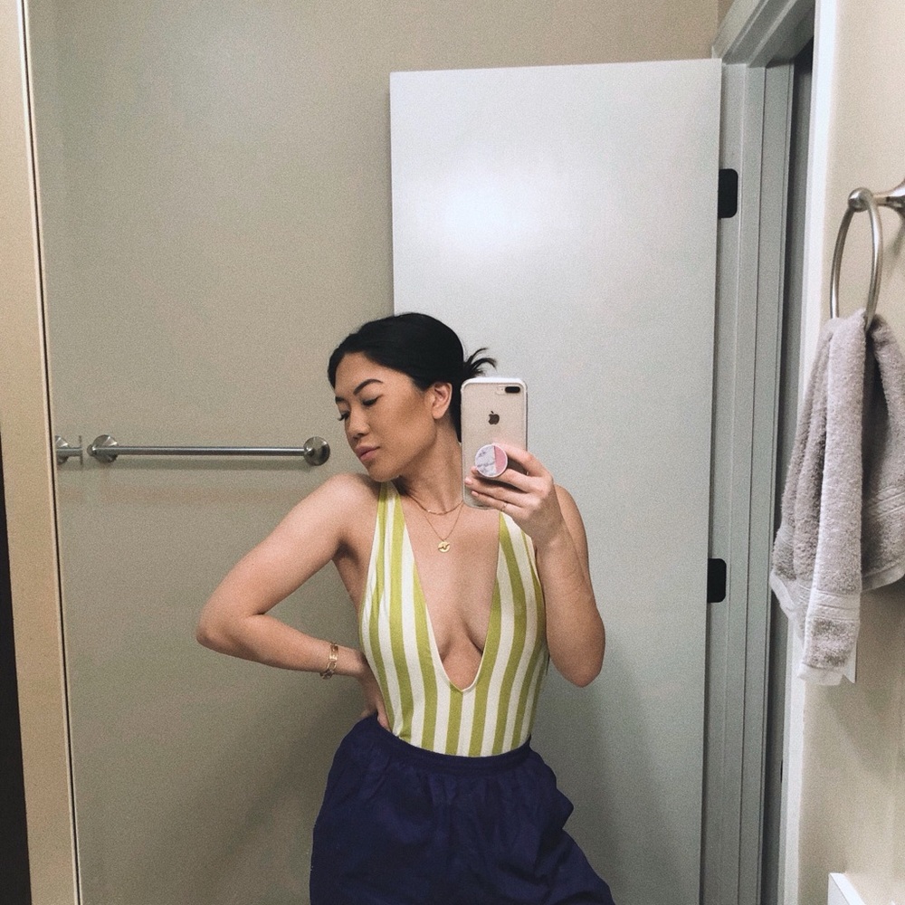 Low vneck cheeky yellow stripe one piece swim